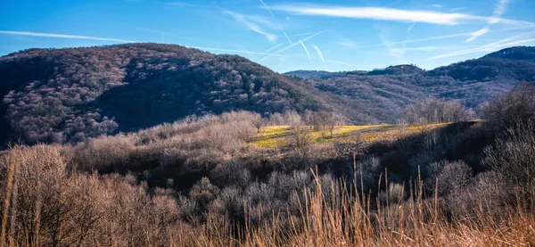 Splendido Paesaggio Luminoso Colline Primaverili Radure Sotto Sole Sfondo Cielo — Foto Stock