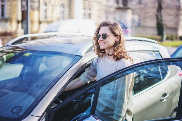 Happy Cheerful Young Woman Getting Her Car City Street — Stockfoto