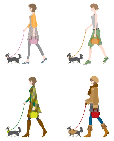 Chica caminando con perro — Vector de stock