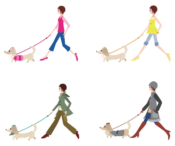 Fille marche avec chien — Image vectorielle