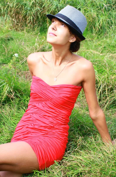 Girl in a red dress — Stock Photo, Image