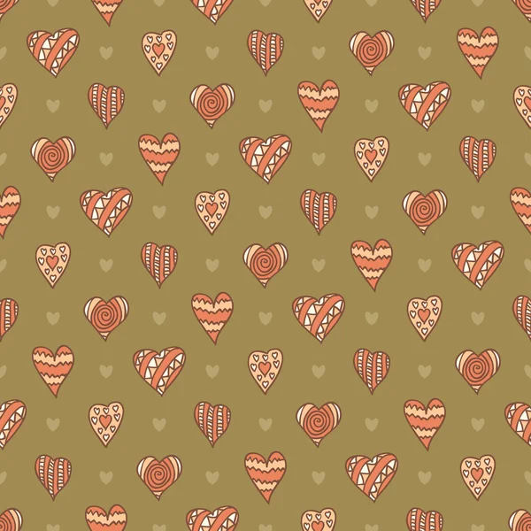 Hand-drawn hearts, brown seamless vector background — Stock Vector