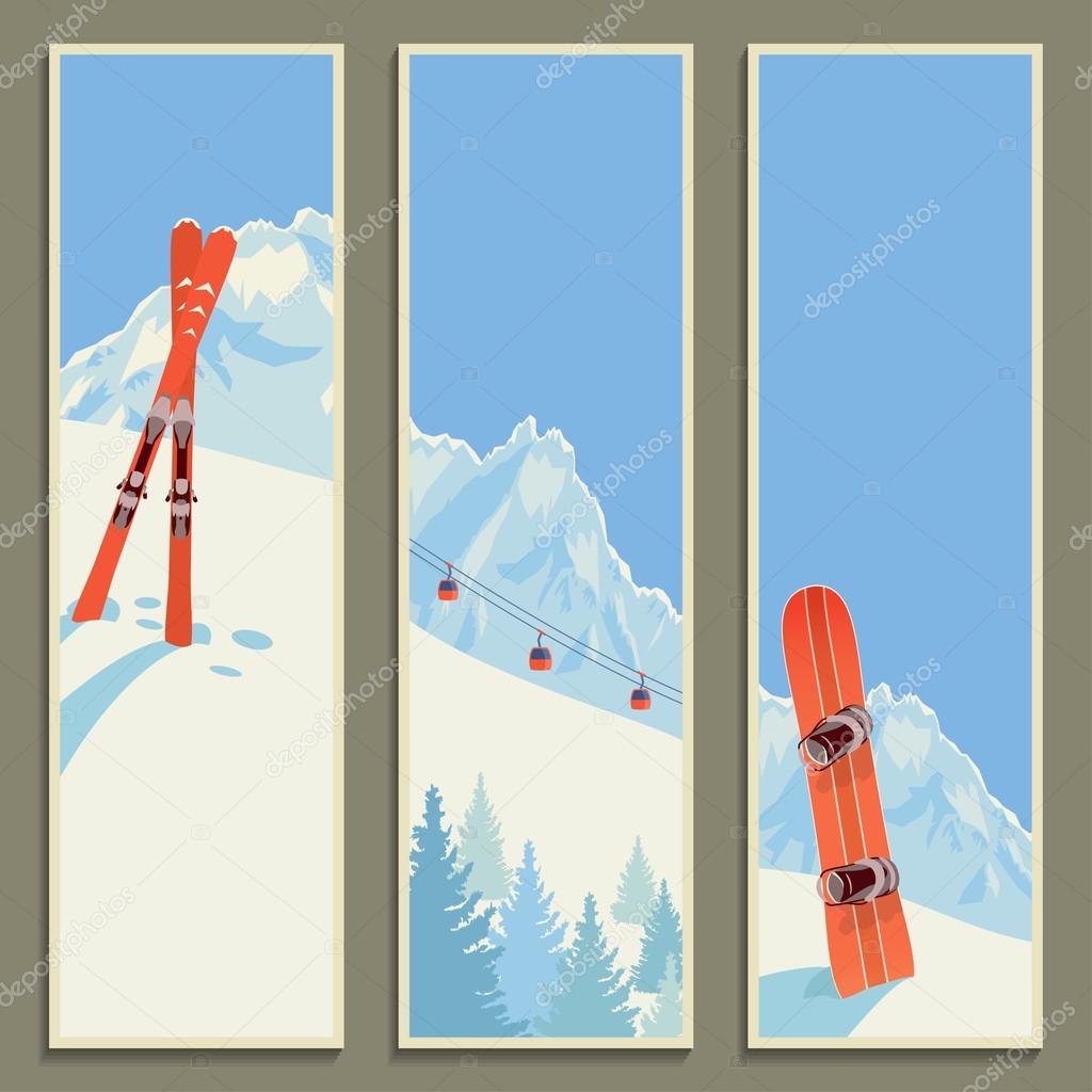 Set of banners with retro winter landscape