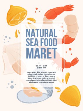 Doğal deniz ürünleri pazarı afişi metin için wuth alanı tasarlıyor. Taze deniz ürünleri, midye, midye ve karides taşıyıcı el çizimi poster konsepti.