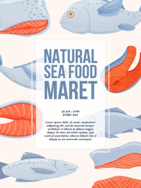 Doğal deniz ürünleri pazarı afişi metin için wuth alanı tasarlıyor. Fileto vektör elle çizilmiş taze, lezzetli somon balığı..
