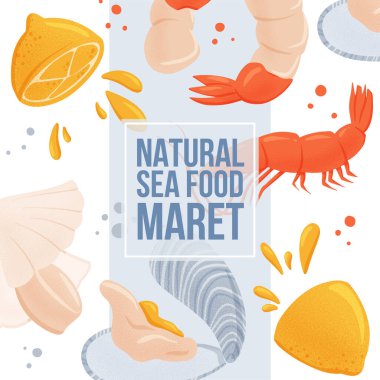 Doğal deniz ürünleri pazarı afişi metin için wuth alanı tasarlıyor. Taze deniz ürünleri, midye, midye ve karides taşıyıcı el çizimi poster konsepti.