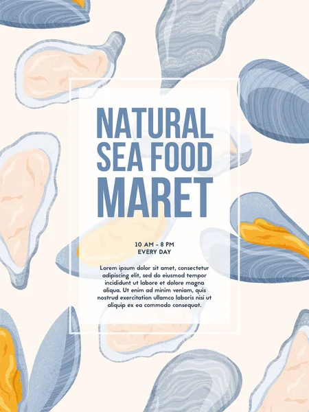 Doğal deniz ürünleri pazarı afişi metin için wuth alanı tasarlıyor. Taze deniz ürünleri midyesi, deniz kabuğu kabuklu deniz ürünleri el çizimi..