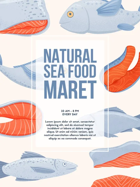 Doğal deniz ürünleri pazarı afişi metin için wuth alanı tasarlıyor. Fileto vektör elle çizilmiş taze, lezzetli somon balığı..
