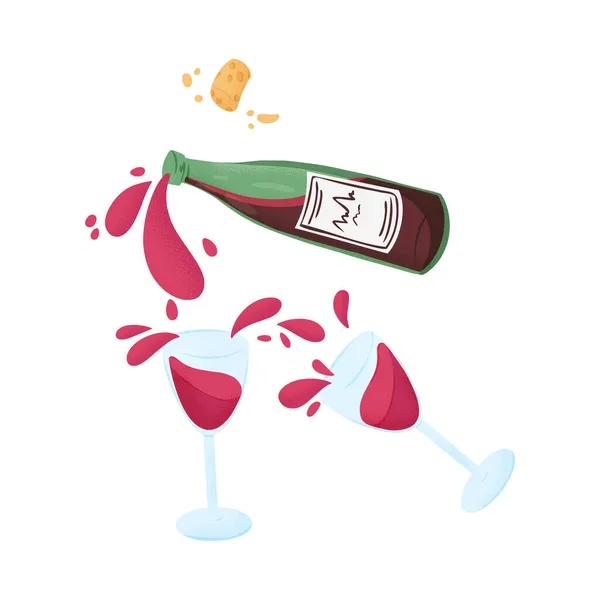这瓶红葡萄酒配有两个杯子和酒塞矢量手绘图解 红酒倒入酒杯中 酒精飞溅 酒吧或酒吧设计的纹理元素 — 图库矢量图片
