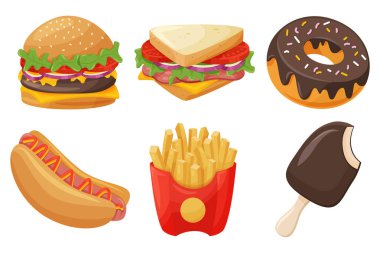 Fast food vektör karikatür çizimi. Çizburger, sandviç, çörek, dondurma, sosisli ve patates kızartması. Lokanta, kafe, dağıtım servisi veya web sitesi tasarımı için lezzetli yemek çizimleri.