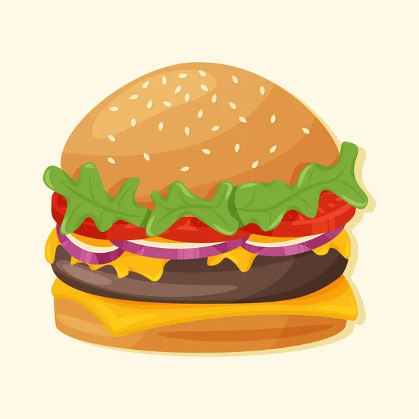 Hamburger Vector Cartoon Illustratie Amerikaanse Fastfood Cheeseburger Met Broodje Bladeren — Stockvector