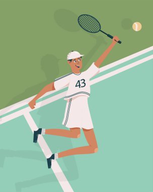 Happy smiling man playing tennis vector cartoon illustration. The male character in sports clothes holding a racquet. Sportsman plays big tennis.