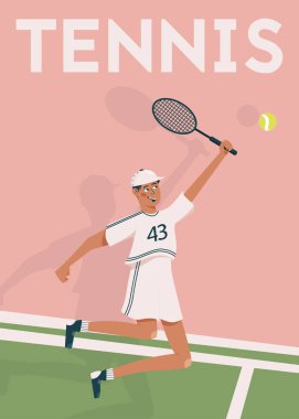 Tennis poster design. Man playing tennis vector cartoon illustration. The male character in sports clothes holding a racquet.