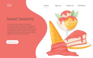 Sweet desserts cafe landing page design. Ice cream in a waffle cup and in the glass, strawberry cupcake. Cartoon illustration for restaurant, cafe, confectionery, or website design.