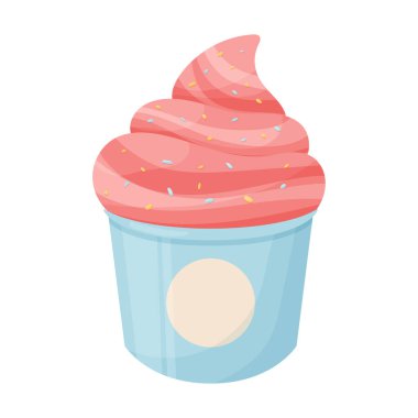 Ice cream in the cup vector cartoon illustration. Summer strawberry dessert with sprinkles. The concept for cafe, restaurant, confectionery, fast food, or website.