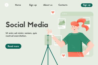 Woman takes pictures or makes video blog vector flat cartoon landing page design. Girl shooting photos and videos for social media. Followers, comments, likes on personal blog. Internet communication.