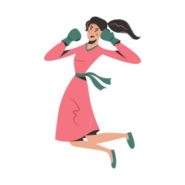 Young woman training box vector cartoon illustration. Boxer or kickboxer boxing. Woman in boxing gloves doing fitness workout. Girl power concept.