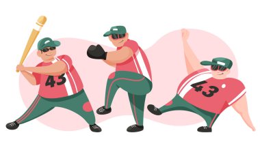 Set of three young baseball players vector cartoon character design. Catchers in uniform and sunglasses waiting for ball. Active lifestyle, hobby, sport concept.