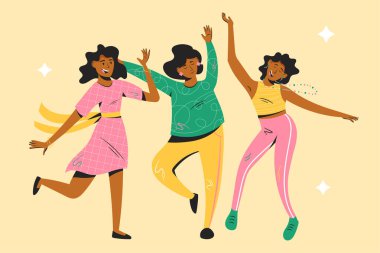 Group of happy dancing women isolated on yellow background. Smiling female characters enjoying dance party. Vector illustration in cartoon style.
