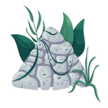 Stone board with liana branches and tropical leaves. Vector cartoon illustration.