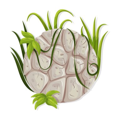 Stone board with liana branches and tropical leaves. Vector cartoon illustration.