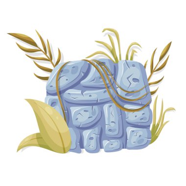 Stone board with liana branches and tropical leaves. Vector cartoon illustration.