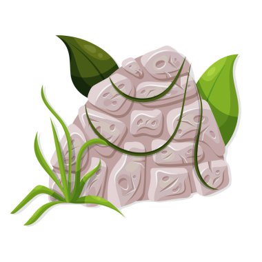 Stone board with liana branches and tropical leaves. Vector cartoon illustration.