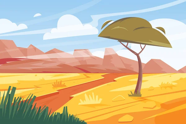 Мультфильм Саванна Природные Пейзажи Пустыней Деревьями Горами Векторная Иллюстрация Концепция — стоковый вектор