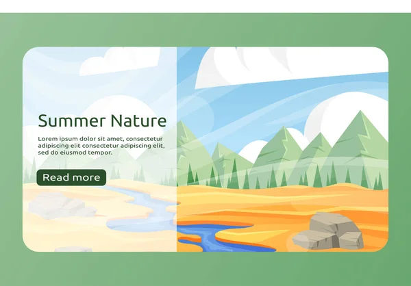 Summer Savannah landing page template. Cartoon nature desert scenery with river, green hills and stones. Vector background. Travel and tourism concept. Vector illustration