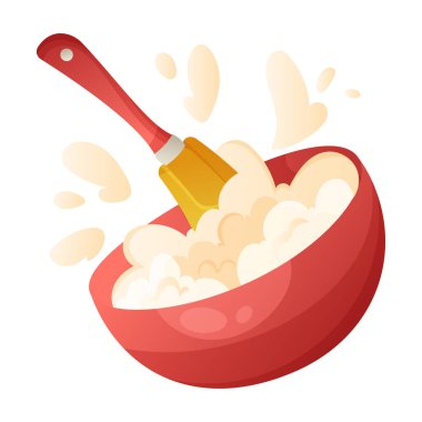 Beating cream in the bowl vector cartoon illustration. Bakery design. Kitchenware, cooking utensil. Cooking process with culinary spatula.