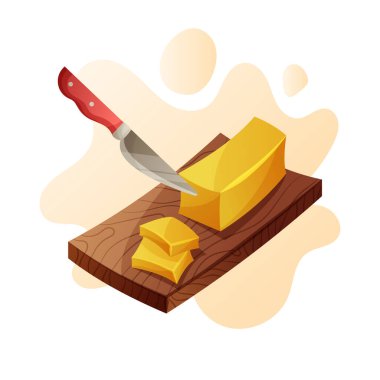 Knife cutting butter on the cut board vector cartoon illustration isolated on white background. Breakfast food for restaurant, grocery shop or delivery service advertising.