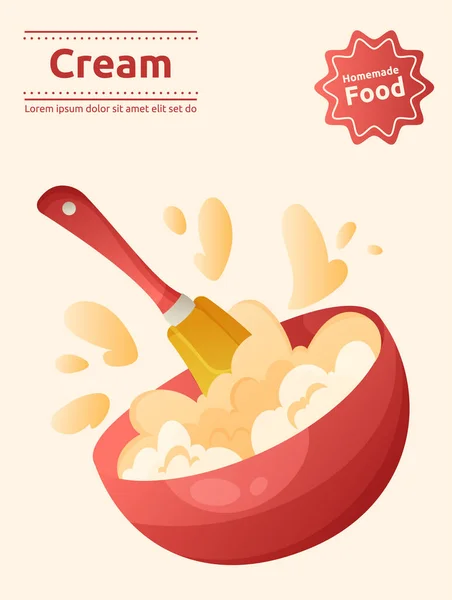 Beating cream in the bowl vector cartoon card template. Bakery banner design. Kitchenware, cooking utensil poster concept. Cooking process with culinary spatula