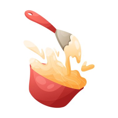 Spatula beating vanilla cream in the red bowl vector cartoon illustration. Bakery design. Kitchenware, cooking utensil. Cooking process with culinary spatula.