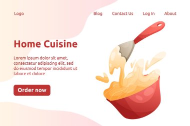 Spatula beating vanilla cream in the red bowl vector cartoon landing page template. Bakery home cuisine website design. Kitchenware, cooking utensil banner. Cooking process with culinary spatula.