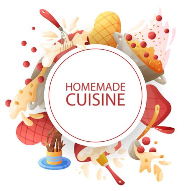 Flyer design for homemade cuisine, cooking, culinary courses, restaurants or cafe. Square Vector cartoon illustration for poster, banner, card, flyer, cover, menu, advertising.