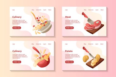 Set of web pages for homemade cuisine, cooking or culinary courses, restaurants or cafe. Vector cartoon illustration for poster, banner, card, flyer, cover, menu, advertising.