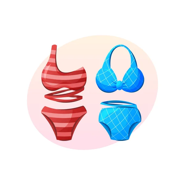 Red Blue Women Swimsuits Vector Cartoon Illustration Summer Beach Vacation —  Vetores de Stock