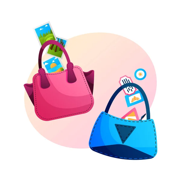 Women Handbags Travel Photos Vector Cartoon Illustration Pink Blue Purses — Vetor de Stock