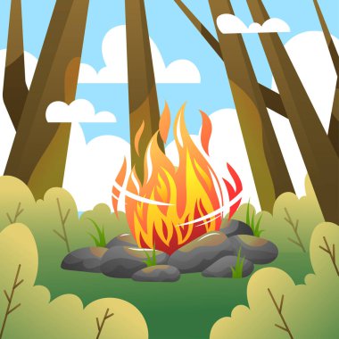 Campfire in the forest vector cartoon illustration. Bonfire and stones along trees and bushes. Burning fireplace at nature concept for camping, traveling, adventure web site or application design.