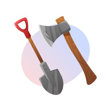 Shovel and axe vector cartoon illustration isolated on gradient background. Wooden and metal tools for woodworking and garden work. Gardening and farming work . Instruments for web banner or poster.
