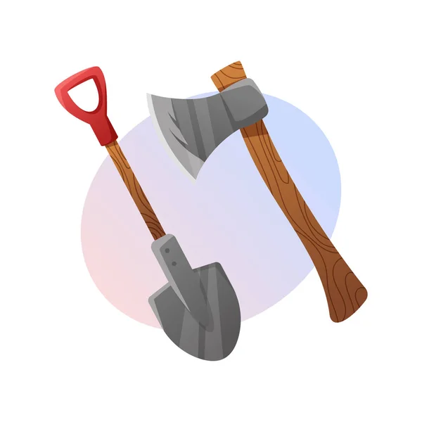 Shovel Axe Vector Cartoon Illustration Isolated Gradient Background Wooden Metal — Stok Vektör