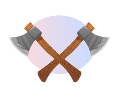 Wooden axes vector cartoon illustration isolated on gradient background. Instruments for woodworking or lumberjack emblem or icon. Metal ax with handle made of wood.