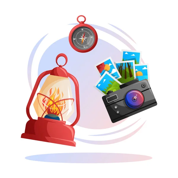 Travel elements vector cartoon illustration. Kerosene lamp, compass and photo camera flat lay concept. Tourism trendy background. Top view with camp vacation items. Concept for web design.