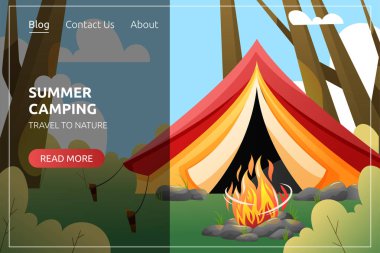 Summer camping tent vector banner concept. Red and yellow camp tent in forest. Hiking, hunting, fishing web site concept. Tourist poster design for commercial, advertising.
