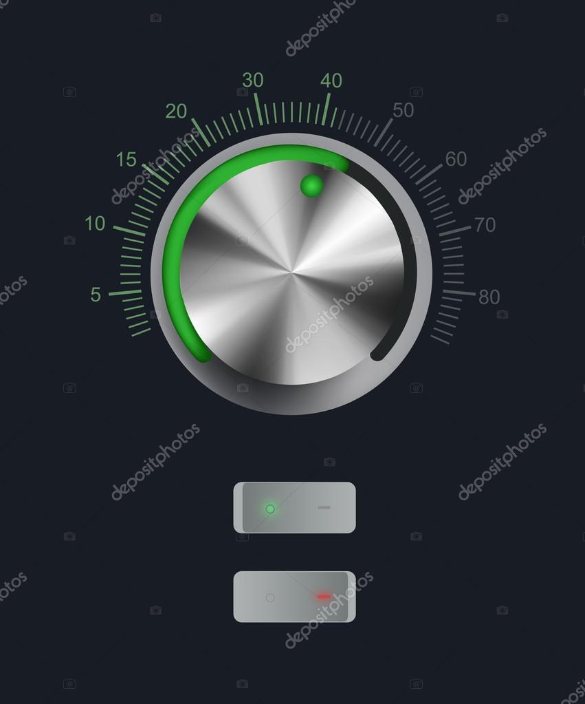 Technology music button (volume settings, sound control knob) with metal texture (stainless, steel, chrome), shadow and light background for internet sites, web interfaces (ui) and applications
