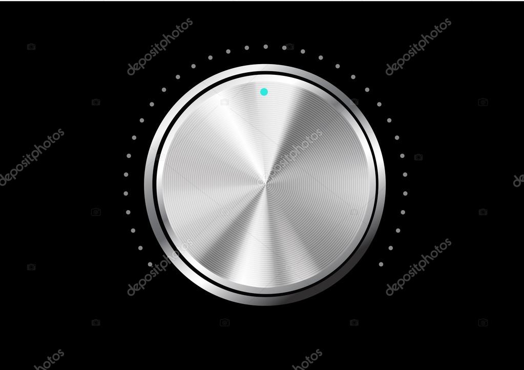 Technology music button (volume settings, sound control knob) with metal texture (stainless, steel, chrome), shadow and light background for internet sites, web interfaces (ui) and applications