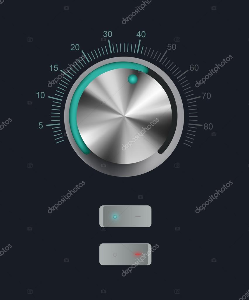 Technology music button (volume settings, sound control knob) with metal texture (stainless, steel, chrome), shadow and light background for internet sites, web interfaces (ui) and applications