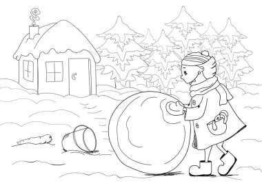 Kız, ev ve yılbaşı ağaçları. Vektör