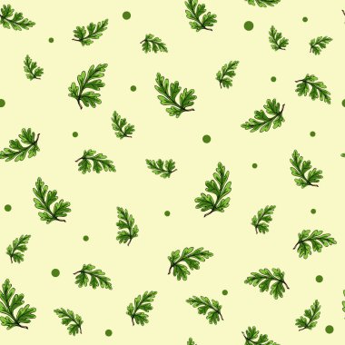Açık sarı arkaplanda yeşil yapraklı pürüzsüz desen.