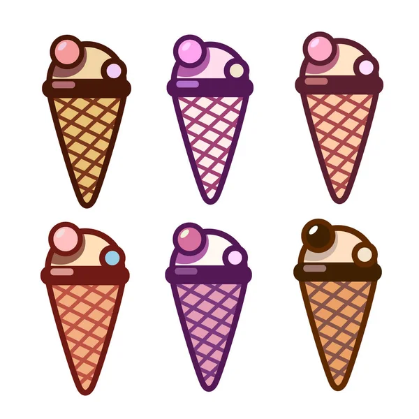 Ensemble de cônes de crème glacée colorés sur fond blanc — Image vectorielle